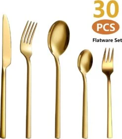 Cadeau 30-delige Gouden Zilverwerk Set Bestekset, Velaze 18/10 Roestvrijstalen Gebruiksvoorwerpen Service Voor 6 Personen Inclusief Dinerlepel, Diner Vork, Diner Mes, Dessertvork En Theelepel, Spiegel Gepolijst Ontwerp -Huishoudelijk Serviesgoed 1051x1200
