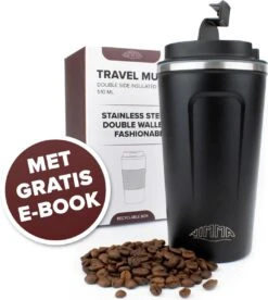 Nimma® Thermosbeker - 510 Ml - Koffiemok / Koffiebeker To Go - Travel Mug - Voor In De Auto - Rvs - Incl. E-Kookboek - Zwart