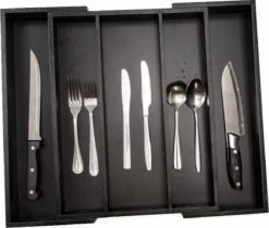 Merkloos Decopatent® Uitschuifbaar Bestekbak - Besteklade - 3 Vaks -> Uitschuifbaar Naar 5 Vakken - Bestekbakken Organizer - Bamboe - Zwart -Huishoudelijk Serviesgoed 1200x1018