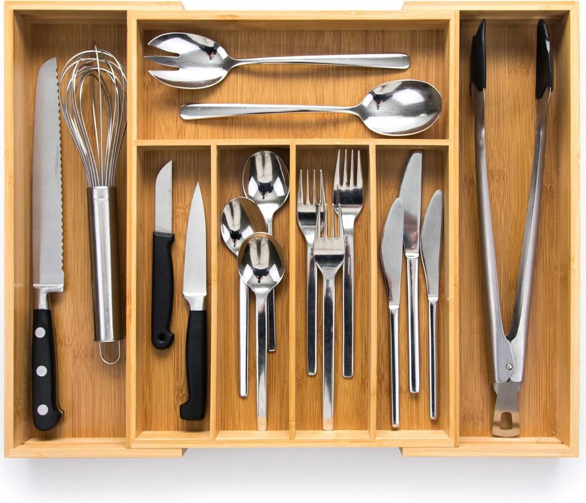 Budu Uitschuifbare Bamboe Bestekbak #38 (38 Cm Diep) - Bestekcassette Hout - Besteklade - 38 X 29,5 - 47,8 Cm - 5/7 Vakken 1 Budu Uitschuifbare Bamboe Bestekbak #38 (38 Cm Diep) - Bestekcassette Hout - Besteklade - 38 X 29,5 - 47,8 Cm - 5/7 Vakken