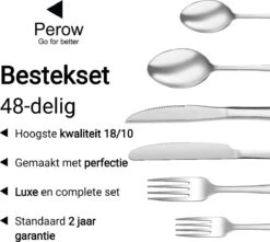 Perow 8 Persoons Bestekset - 48 Delig - 18/10 Edelstaal - Lepels, Messen, Vorken & Steakmessen - Vaatwasser Bestendig - Zilver -Huishoudelijk Serviesgoed 1200x1073