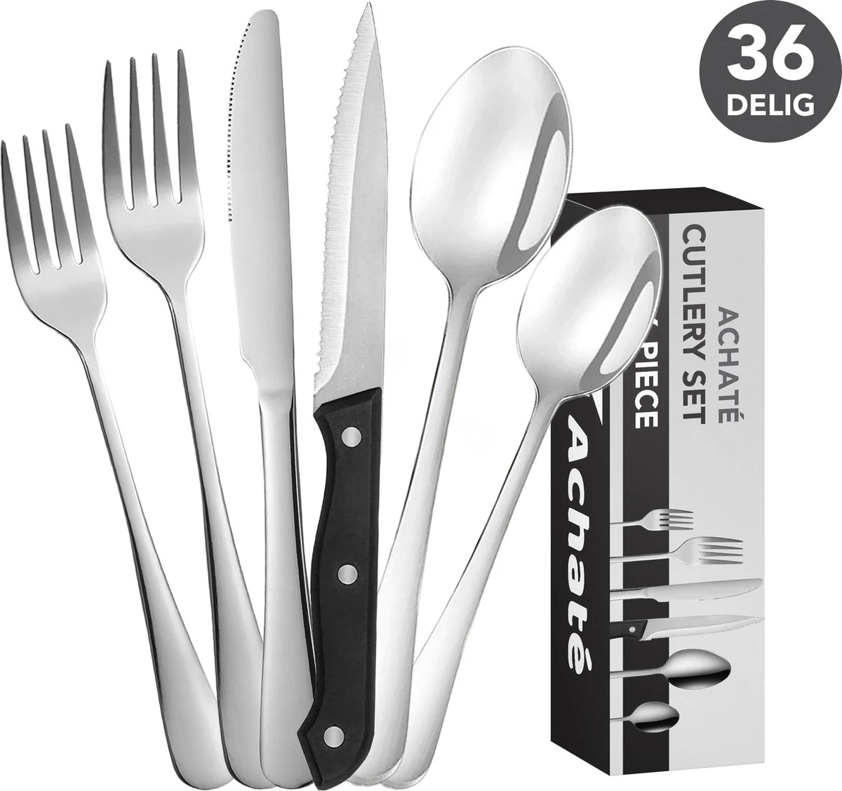 Achaté Bestekset 6 Persoons - 36-delig - RVS - Lepels, Messen, Vorken En Steakmessen - Hoogwaardige Kwaliteit - Vaatwasser Bestendig - Zilver 1 Achaté Bestekset 6 Persoons - 36-delig - RVS - Lepels, Messen, Vorken En Steakmessen - Hoogwaardige Kwaliteit - Vaatwasser Bestendig - Zilver