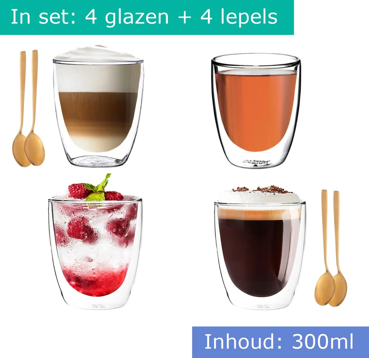 Dubbelwandige Koffieglazen - Cappuccino Glazen - Dubbelwandige Theeglazen - 300ML - 4x - Gratis Lepels 5 Dubbelwandige Koffieglazen - Cappuccino Glazen - Dubbelwandige Theeglazen - 300ML - 4x - Gratis Lepels - Afbeelding 5