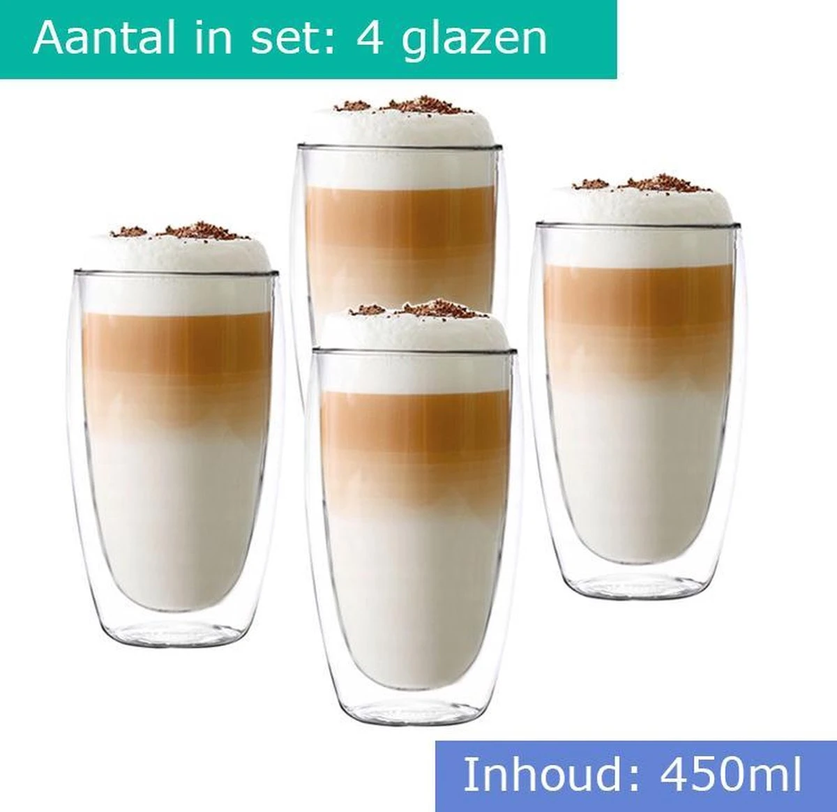 Latte Macchiato Glazen - Dubbelwandige Koffieglazen - Dubbelwandige Cappuccino Glazen - 450 ML - 4x 5 Latte Macchiato Glazen - Dubbelwandige Koffieglazen - Dubbelwandige Cappuccino Glazen - 450 ML - 4x - Afbeelding 5