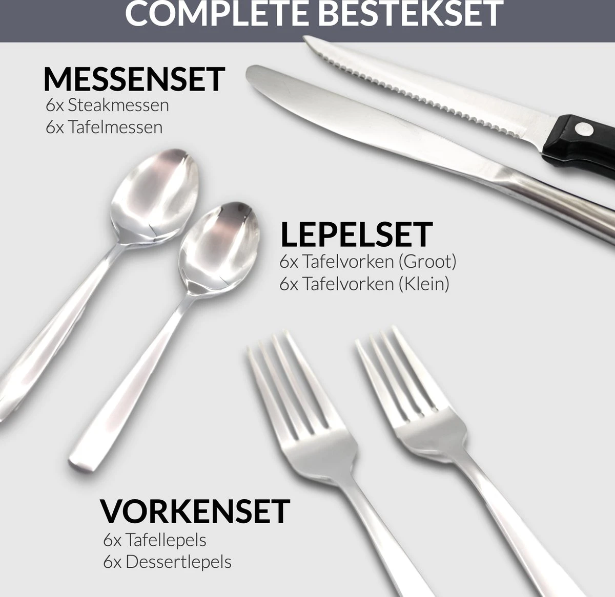 Master Knives 6 Persoons Bestekset (36-delig) - Lepels, Messen, Vorken & Steakmessen - Vaatwasserbestendig - Zilver / RVS 5 Master Knives 6 Persoons Bestekset (36-delig) - Lepels, Messen, Vorken & Steakmessen - Vaatwasserbestendig - Zilver / RVS - Afbeelding 5