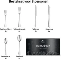Perow 8 Persoons Bestekset - 48 Delig - 18/10 Edelstaal - Lepels, Messen, Vorken & Steakmessen - Vaatwasser Bestendig - Zilver -Huishoudelijk Serviesgoed 1200x1177 1