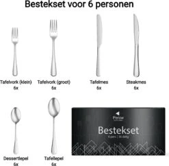 Perow 6 Persoons Bestekset – 36 Delig – 18/10 Edelstaal – Lepels, Messen, Vorken & Steakmessen – Vaatwasserbestendig – Zilver - Serviessets -Huishoudelijk Serviesgoed 1200x1177 2