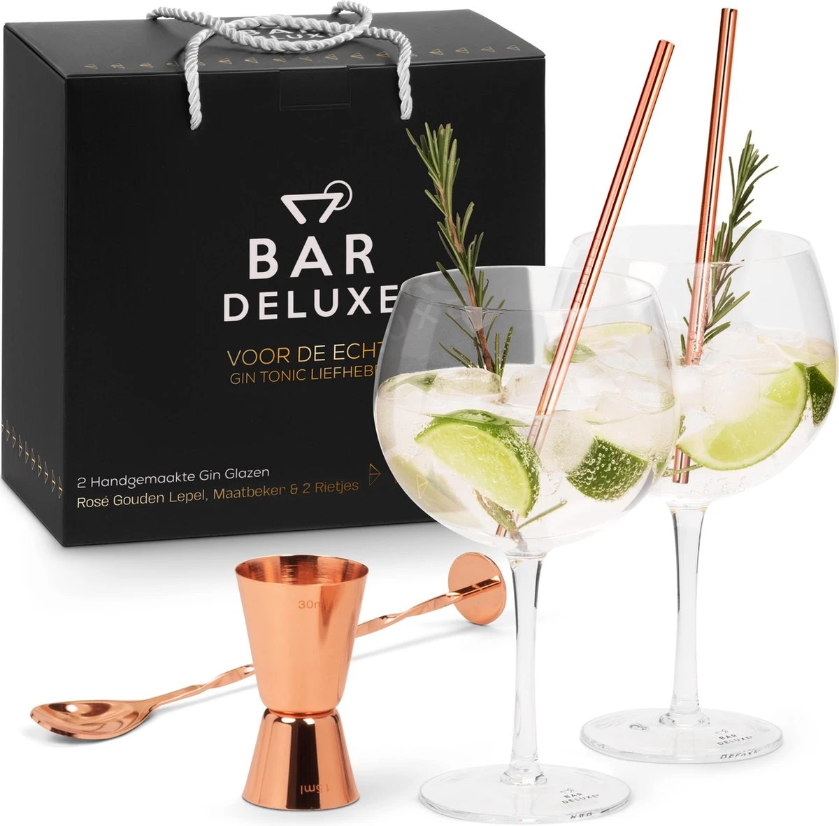 BarDeluxe® Gin Tonic Glazen - Gin Tonic Geschenkset - Handgeblazen - Gin Glazen - 2 Stuks - Gin Set - Kristal - Inclusief 2 Gin Glazen, Gin Tonic Lepel, Maatbeker, 2 RVS Rietjes & Receptenboekje 1 BarDeluxe® Gin Tonic Glazen - Gin Tonic Geschenkset - Handgeblazen - Gin Glazen - 2 Stuks - Gin Set - Kristal - Inclusief 2 Gin Glazen, Gin Tonic Lepel, Maatbeker, 2 RVS Rietjes & Receptenboekje
