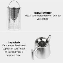 Castagnola Theepot Met Filter – Theekan – Theepot Dubbelwandig – Theepot Roestvrijstaal – Hoogwaardig RVS – 1 Liter – 5 Kopjes Thee – Zilver -Huishoudelijk Serviesgoed 1200x1195 33