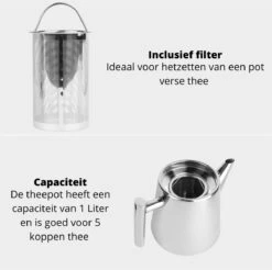 Castagnola Theepot Met Filter – Theekan – Theepot Dubbelwandig – Theepot Roestvrijstaal – Hoogwaardig RVS – 1 Liter – 5 Kopjes Thee – Zilver Glans -Huishoudelijk Serviesgoed 1200x1195 35