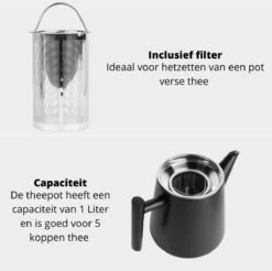 Castagnola Theepot Met Filter – Theekan – Theepot Dubbelwandig – Theepot Roestvrijstaal – Hoogwaardig RVS – 1 Liter – 5 Kopjes Thee – Zwart -Huishoudelijk Serviesgoed 1200x1195 43