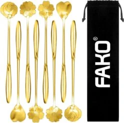 Fako Bijoux® - 8 Lange Lepels Bloem Motief - Latte Macchiato - Longdrink - Cocktail - Dessert - IJs - Koffie - Goud - 8 Stuks - Bewaarzakje