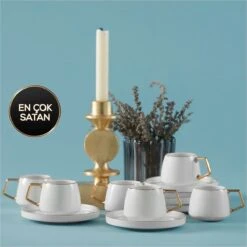Karaca - Saturn Gold Turkse Koffiekopjes, Mokkakopjes Set - Porselein - Voor 6 Personen, 12-delig, Wit En Goud, 6 Espressokopjes En 6 Schoteltjes - Koffieservies -Huishoudelijk Serviesgoed 1200x1200 1043