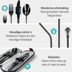 Damster Reisbestek - Verbeterde Versie - Meeneem Bestek Rvs - Reis Bestekset To Go - Incl. Herbruikbare Rietjes - Eenpersoons - Achtdelig - Zwart -Huishoudelijk Serviesgoed 1200x1200 143
