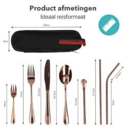 Damster Reisbestek - Verbeterde Versie - Meeneem Bestek Rvs - Reis Bestekset To Go - Incl. Herbruikbare Rietjes - Eenpersoons - Achtdelig - Roodgoud -Huishoudelijk Serviesgoed 1200x1200 149