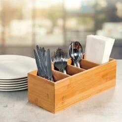 Merkloos Bestekbak FSC® Bamboe Hout - Staande Bestekhouder - Bestekbakje Houder - Bestek Bak Organizer- Bestekcassette - 35 X 14 X 12 Cm