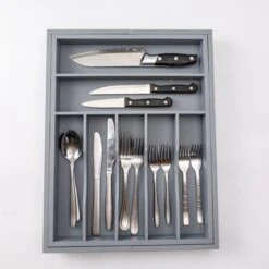Merkloos Decopatent® Uitschuifbaar Bestekbak - Besteklade - 7 Vaks -> Uitschuifbaar Naar 9 Vakken - Bestekbakken Organizer - Bamboe - Grijs -Huishoudelijk Serviesgoed 1200x1200 480