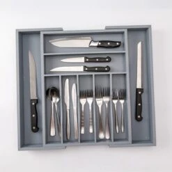 Merkloos Decopatent® Uitschuifbaar Bestekbak - Besteklade - 7 Vaks -> Uitschuifbaar Naar 9 Vakken - Bestekbakken Organizer - Bamboe - Grijs -Huishoudelijk Serviesgoed 1200x1200 481