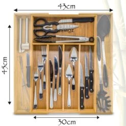 AWEMOZ Bestekbak – Bamboe Besteklade Uitschuifbaar – 5/7 Vakken - Bestekcassette - Bestekhouder Hout - Lade Organizer - Bestek Opbergen - 45 Cm Lang X 30-43 Cm Breed X 4 Cm Hoog -Huishoudelijk Serviesgoed 1200x1200 72