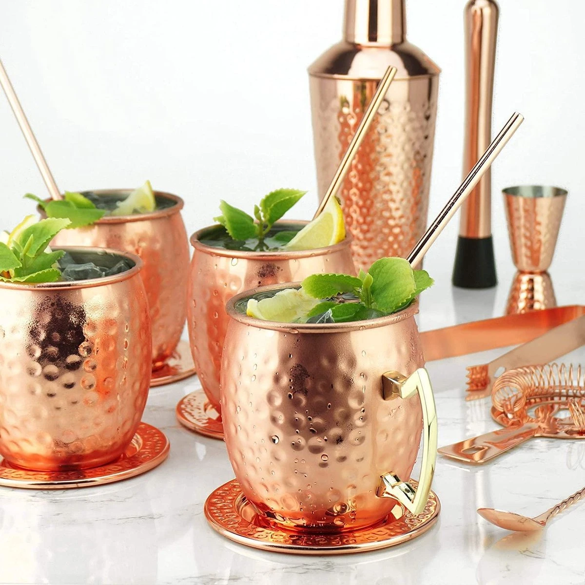 Sybra Moscow Mule Bekers - Cocktail Glazen - Set Van 2 Met RVS Rietjes 4 Sybra Moscow Mule Bekers - Cocktail Glazen - Set Van 2 Met RVS Rietjes - Afbeelding 4