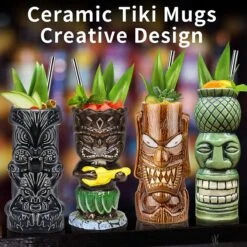 Tiki-mokken Glazen Tiki-mok Voor Cocktails, Set Van 4 Grote Keramische Tropische Bekers, Hawaïaanse Tiki-feestjes, Creatieve Cocktailglazen Voor Drankjes, Drinkgerei Voor Bar, Hoogwaardig Tropisch Exotisch Leuk Bargerei, 4 Stuks, Als Cadeau -Huishoudelijk Serviesgoed 1200x1200 748
