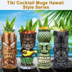 Tiki-mokken Glazen Tiki-mok Voor Cocktails, Set Van 4 Grote Keramische Tropische Bekers, Hawaïaanse Tiki-feestjes, Creatieve Cocktailglazen Voor Drankjes, Drinkgerei Voor Bar, Hoogwaardig Tropisch Exotisch Leuk Bargerei, 4 Stuks, Als Cadeau -Huishoudelijk Serviesgoed 1200x1200 750