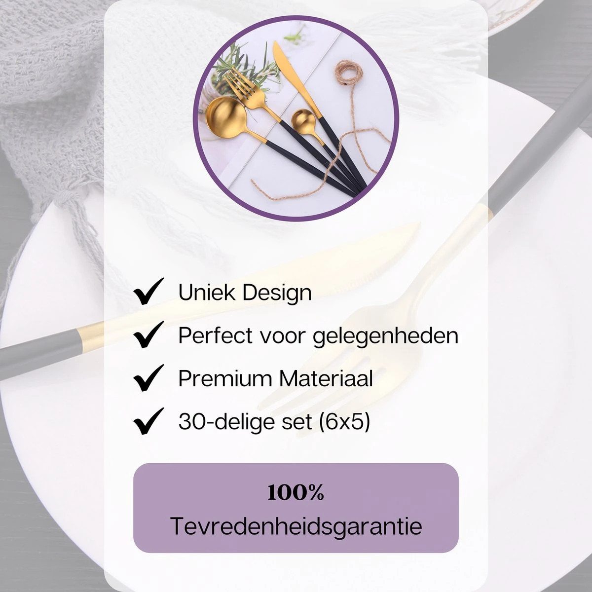 LuZana - Bestek Set Goud - 30-delig - Bestekset 6 Persoons - Goud/zwart - Bestek - Borden - Bestekset Zwart 8 LuZana - Bestek Set Goud - 30-delig - Bestekset 6 Persoons - Goud/zwart - Bestek - Borden - Bestekset Zwart - Afbeelding 8