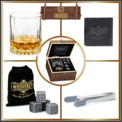 Whisiskey Luxe Whiskey Set - Incl. Whiskey Glas, 4 Whiskey Stones, Onderzetter, Ijstang, Fluwelen Opbergzak, Opbergbox - Whisky Geschenkdoos - Accessoires - Herbruikbare IJsblokjes - Cadeau Voor Man & Vrouw -Huishoudelijk Serviesgoed 1200x1200 830