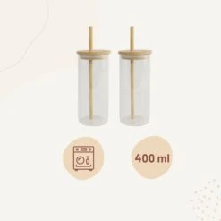 Orange85 Drinkglazen - Met Bamboo Deksel En Rietje - 2 Stuks - 400 Ml - Waterglazen -Huishoudelijk Serviesgoed 1200x1200 868