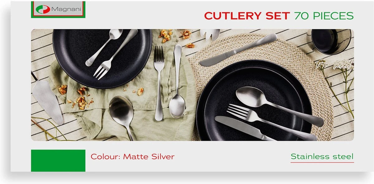 Magani - Zilveren Bestekset - Roestvrij Staal - 70-delig - Voor Acht Personen - PVD Coating 5 Magani - Zilveren Bestekset - Roestvrij Staal - 70-delig - Voor Acht Personen - PVD Coating - Afbeelding 5