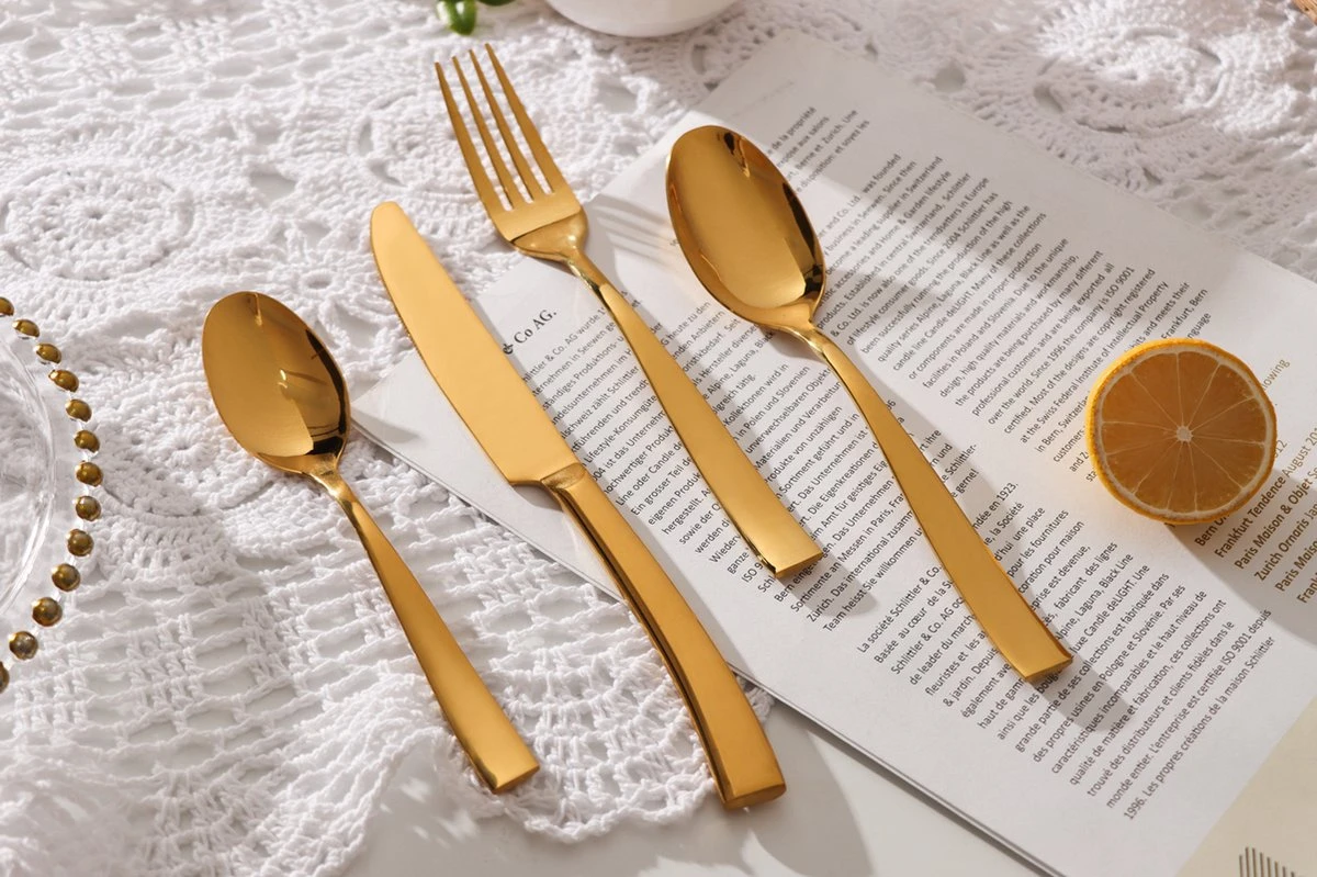 Bestekset - Bestek Goud -24 Delig-Zwitsers Kwaliteit-Complete Set-100% Roestvrijstaal-Gold 24k-Goud 24K 12 Bestekset - Bestek Goud -24 Delig-Zwitsers Kwaliteit-Complete Set-100% Roestvrijstaal-Gold 24k-Goud 24K - Afbeelding 12