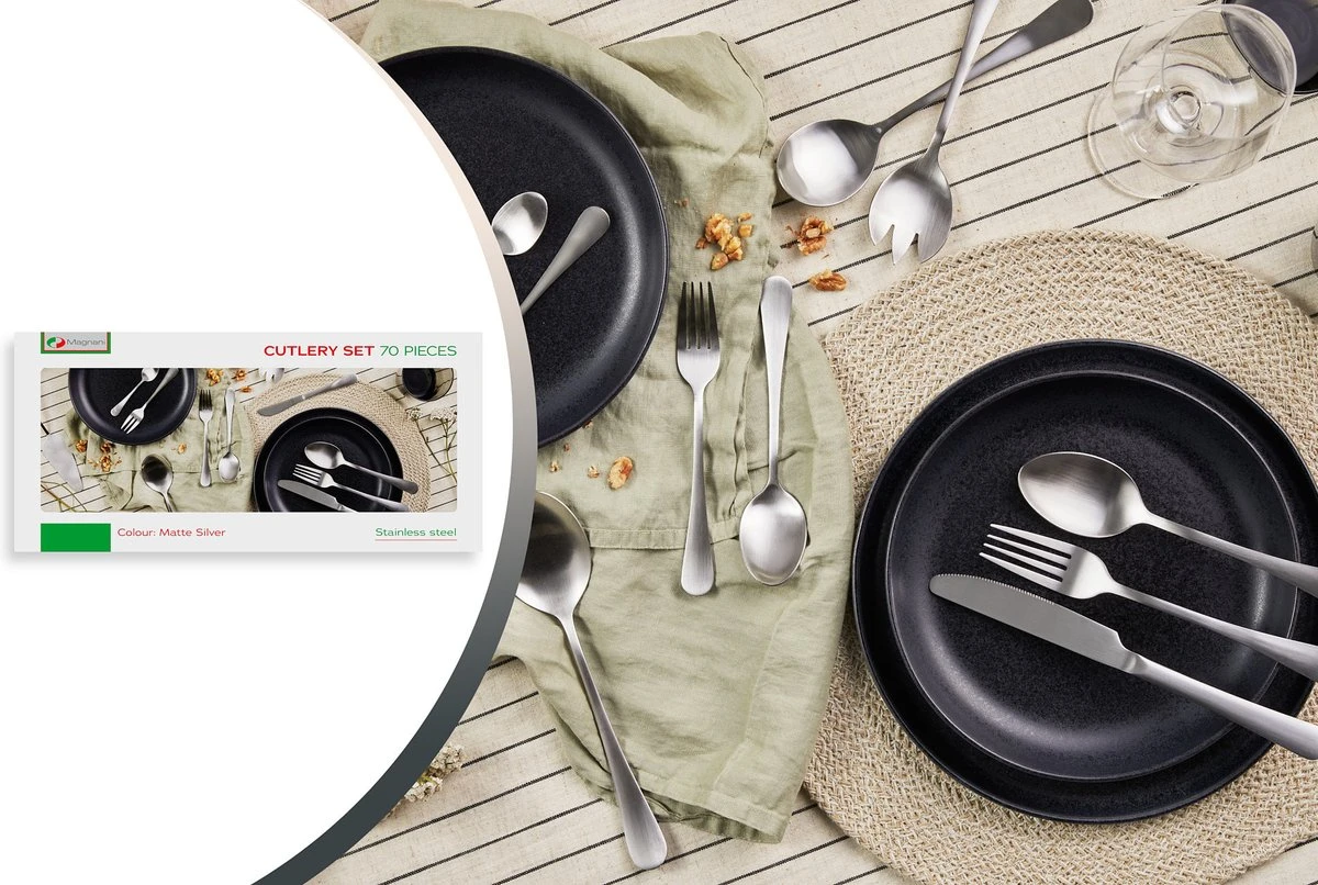 Magani - Zilveren Bestekset - Roestvrij Staal - 70-delig - Voor Acht Personen - PVD Coating 2 Magani - Zilveren Bestekset - Roestvrij Staal - 70-delig - Voor Acht Personen - PVD Coating - Afbeelding 2