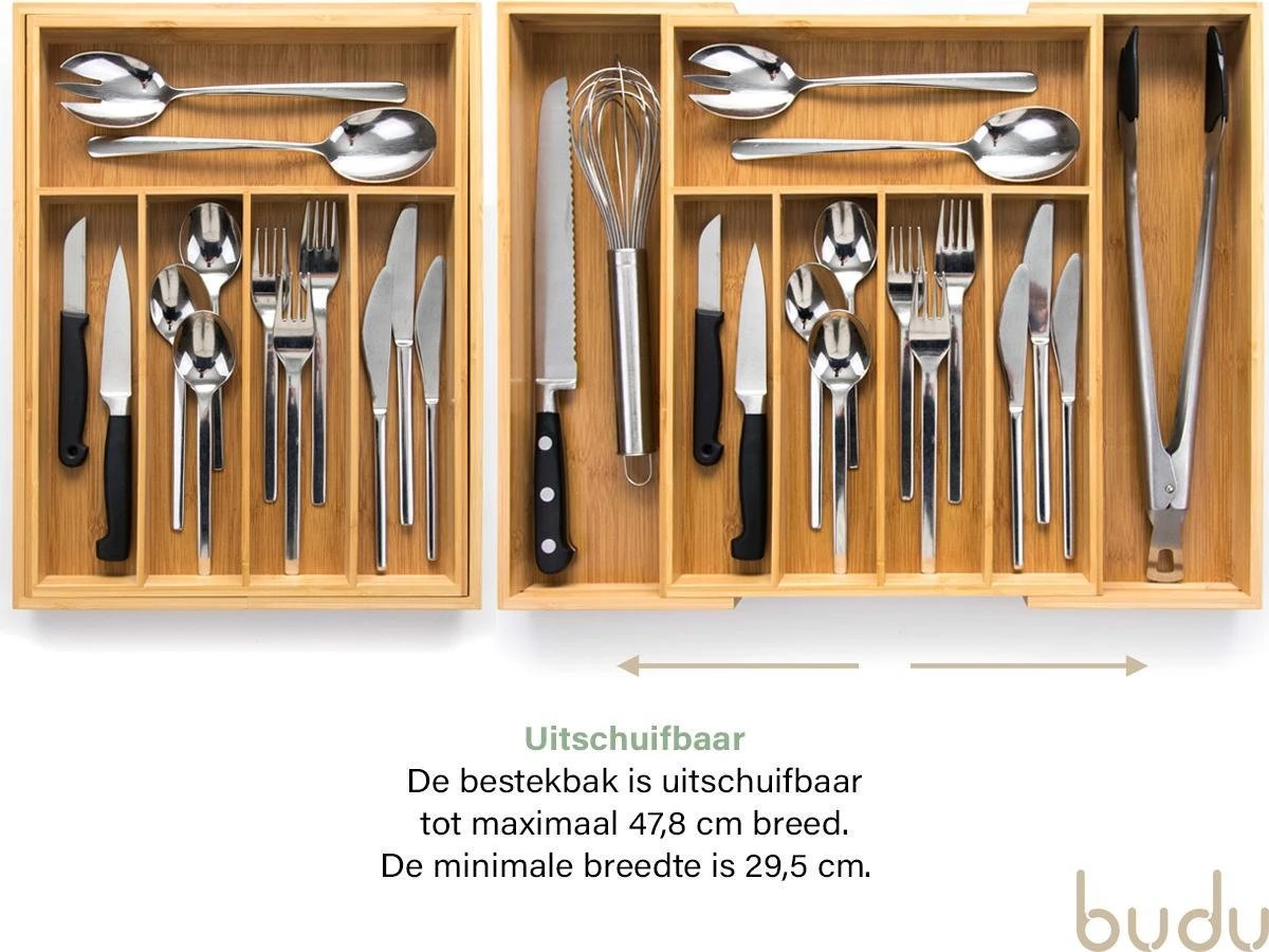 Budu Uitschuifbare Bamboe Bestekbak #38 (38 Cm Diep) - Bestekcassette Hout - Besteklade - 38 X 29,5 - 47,8 Cm - 5/7 Vakken 3 Budu Uitschuifbare Bamboe Bestekbak #38 (38 Cm Diep) - Bestekcassette Hout - Besteklade - 38 X 29,5 - 47,8 Cm - 5/7 Vakken - Afbeelding 3