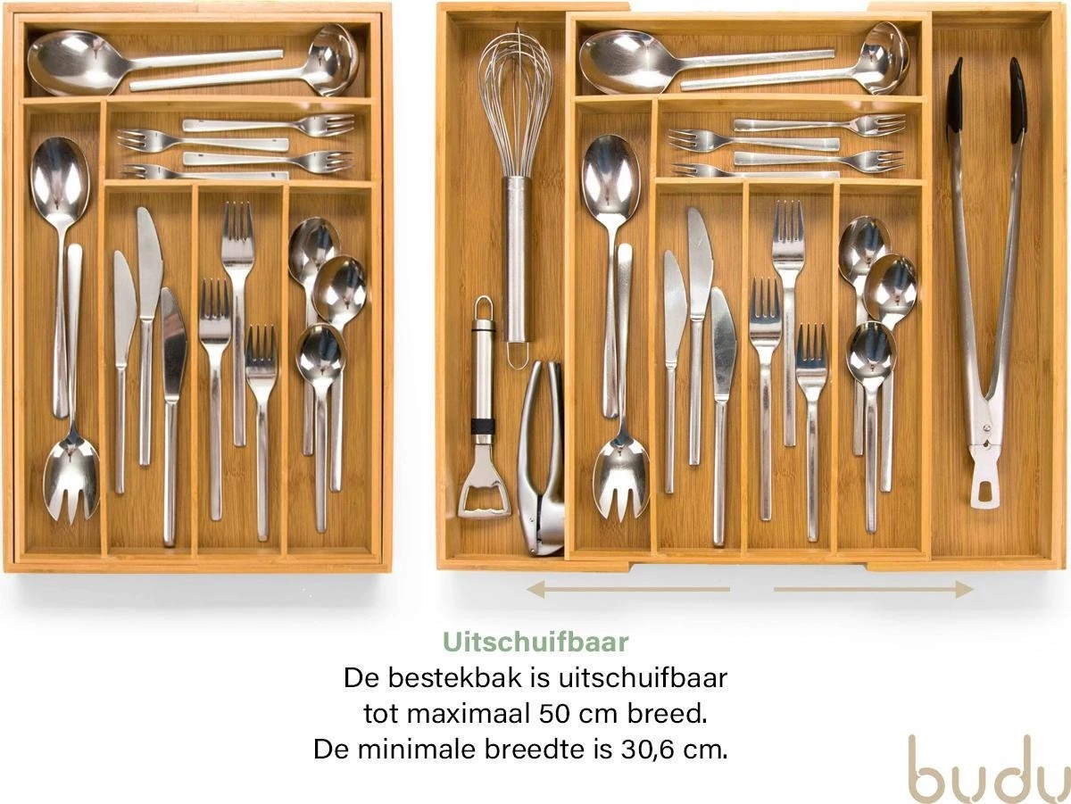 Budu Uitschuifbare Bamboe Bestekbak #45 (45 Cm Diep) - Bestekcassette Hout - Besteklade - 45 X 30,6 - 50 Cm - 6/8 Vakken 4 Budu Uitschuifbare Bamboe Bestekbak #45 (45 Cm Diep) - Bestekcassette Hout - Besteklade - 45 X 30,6 - 50 Cm - 6/8 Vakken - Afbeelding 4