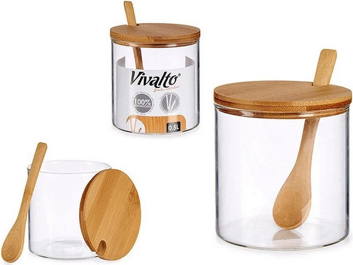 Suikerkom / Suikerpotje Glas Met Bamboe Houten Lepel En Deksel 520 ML 2 Suikerkom / Suikerpotje Glas Met Bamboe Houten Lepel En Deksel 520 ML - Afbeelding 2