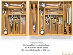 Budu Uitschuifbare Bamboe Bestekbak #43 (43 Cm Diep) - Bestekcassette Hout - Besteklade - 43 X 32,2 - 53 Cm - 6/8 Vakken -Huishoudelijk Serviesgoed 1200x903