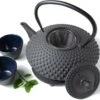 Tealøv THEE SET 1,25 LITER GIETIJZER | COMPLETE SET IN GESCHENKDOOS | Gietijzeren Theepot Met Roestvrijstalen Zeef, Gietijzeren Theekopjes En Onderzetter | In Authentiek Japanse Stijl | Kambin Zwart