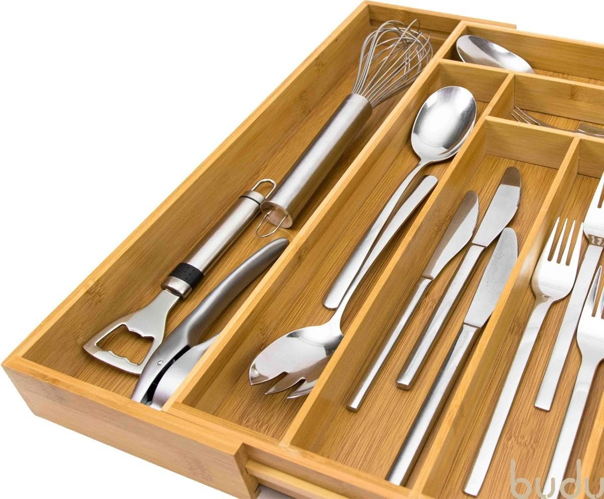 Budu Uitschuifbare Bamboe Bestekbak #45 (45 Cm Diep) - Bestekcassette Hout - Besteklade - 45 X 30,6 - 50 Cm - 6/8 Vakken 8 Budu Uitschuifbare Bamboe Bestekbak #45 (45 Cm Diep) - Bestekcassette Hout - Besteklade - 45 X 30,6 - 50 Cm - 6/8 Vakken - Afbeelding 8