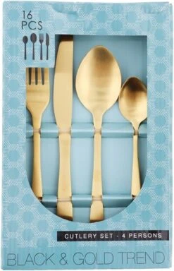 Merkloos Bestekset 16-delig - Goud - Goudkleur - 4x Messen, Vorken, Lepels En Dessertlepels - Roestvrij Staal -Huishoudelijk Serviesgoed 771x1200