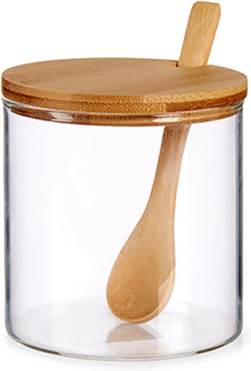 Suikerkom / Suikerpotje Glas Met Bamboe Houten Lepel En Deksel 520 ML 1 Suikerkom / Suikerpotje Glas Met Bamboe Houten Lepel En Deksel 520 ML